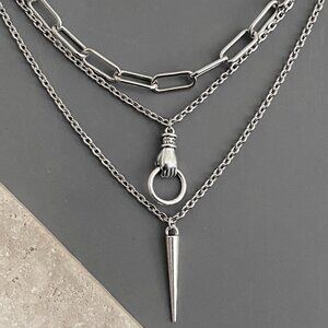 NEW , layered silver tone necklace set, HAND SPIKE, edgy punk goth alt